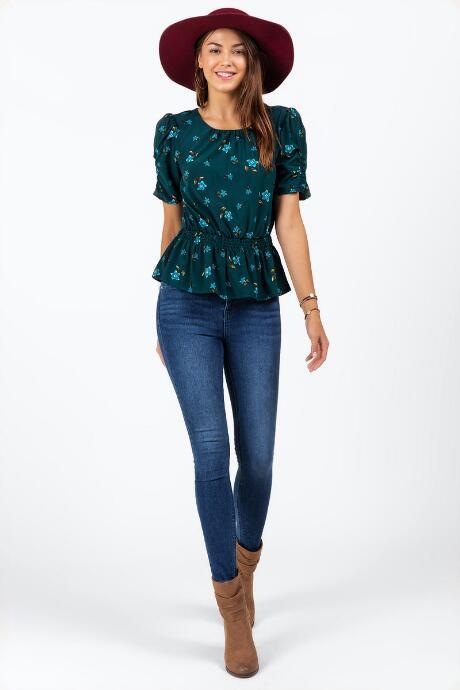 Francesca's Candis Floral Peplum Blouse - Hunter Green