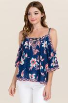Francesca Inchess Karlie Floral Cold Shoulder Lattice Top - Turquoise