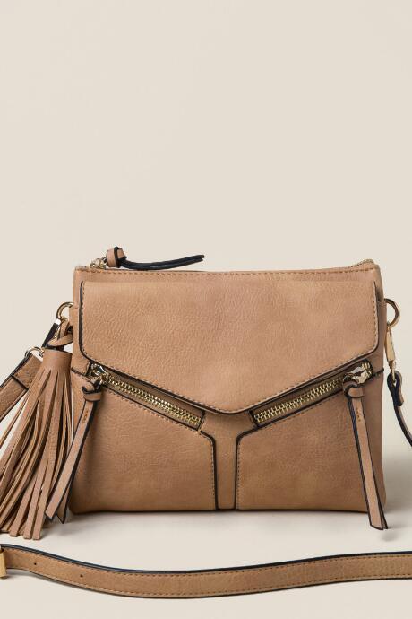 Francesca's Delaney Double Zip Crossbody - Taupe