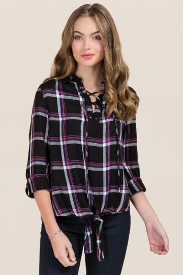 Jainsons International, Inc. Ardyn Lattice Front Knot Plaid Top - Black