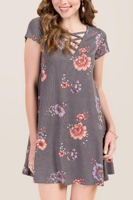 Francesca's Khloe Lattice Neck Knit Shift Dress - Gray