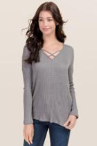 Ayla Sheryl Long Sleeve X Neck Waffle Top - Dark Grey