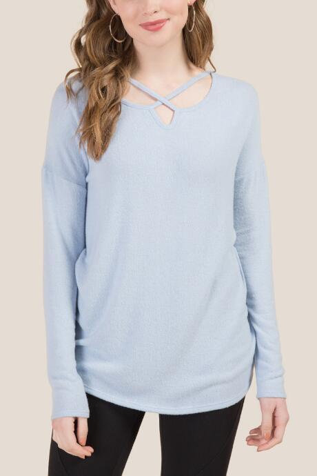 Francesca's Julieanne Strappy Lattice Brushed Hacci Top - Oxford Blue