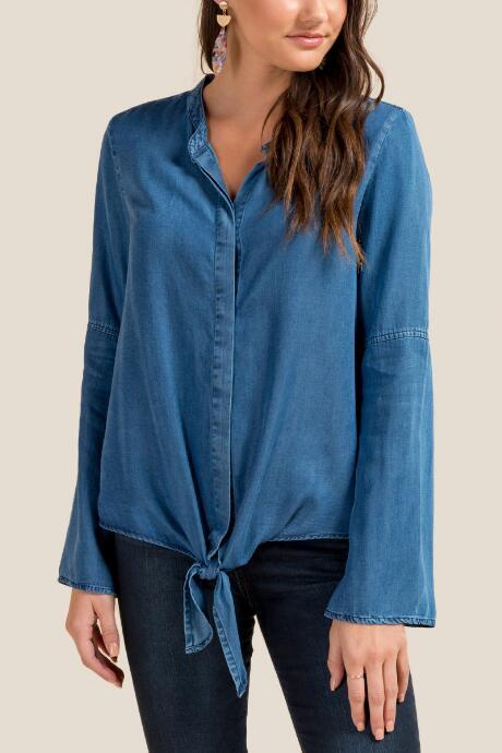 Francesca's Tatum Button Down Tie Front Top - Indigo