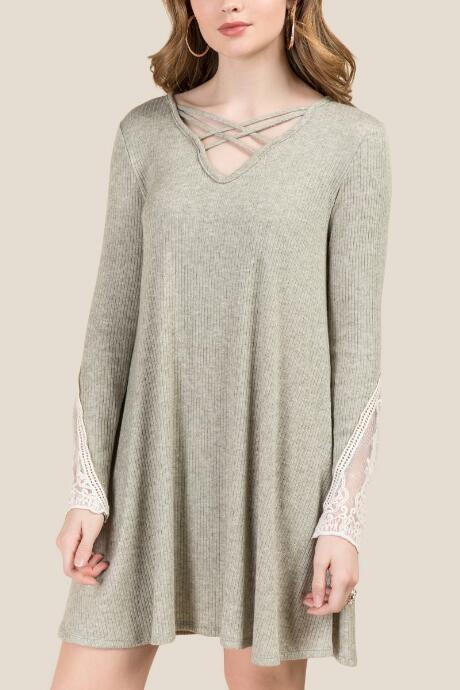 Alya Leela Lattice Neck Knit Dress - Olive