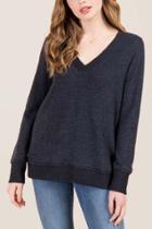 Francesca's Elba Long Sleeve V Neck Side Slit Top - Black