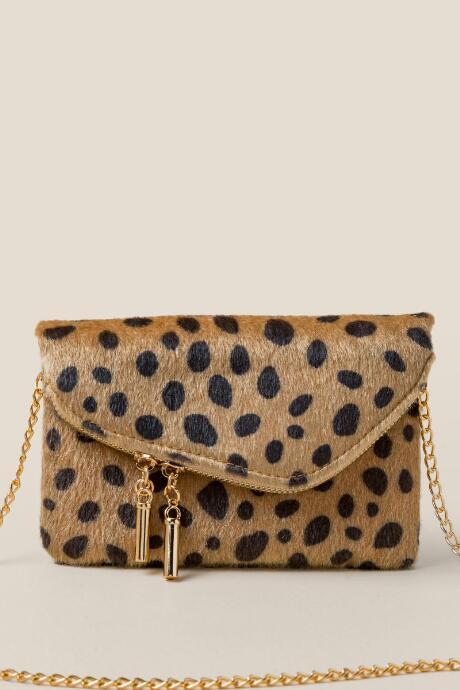 Francesca's Danica Angled Flap Leopard Print Clutch - Tan