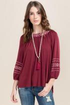 Ayla Demi Tribal Embroidered Top - Wine