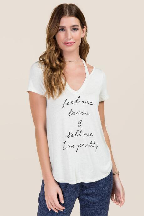 Alya Feed Me Tacos Halter Graphic Tee - Heather Oat