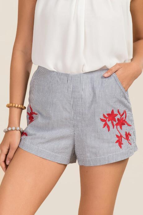 Mi Ami Rose Striped Floral Embroidery Structured Shorts - Red
