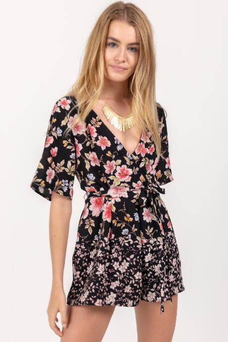 Francesca's Joanne Floral Surplice Romper - Black