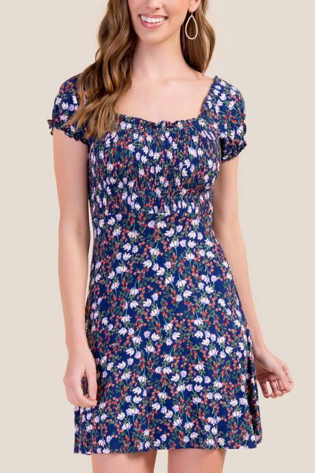 Francesca's Tara Smocked Floral Skater Dress - Navy