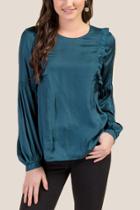 Francesca's Carrie Satin Ruffle Statement Sleeve Blouse - Pine