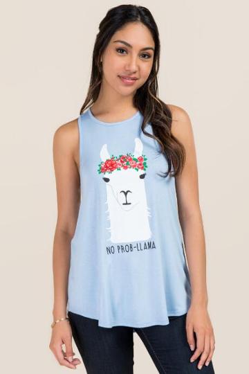 Alya No Problem Flower Crown Llama Graphic Tank - Oxford Blue