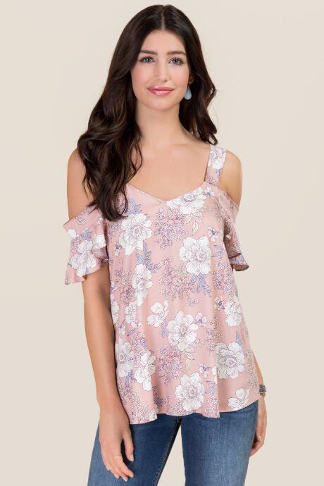 Blue Rain Neve Floral Cold Shoulder Sweetheart Top - Rose