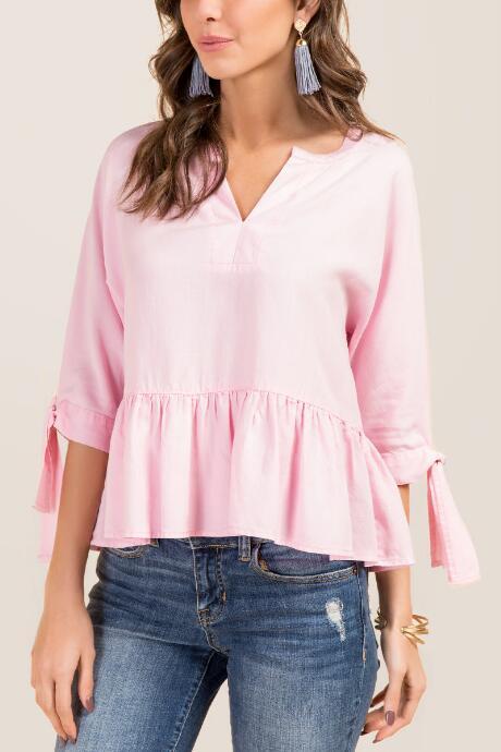 Francesca's Ella Tie Sleeve Peplum Blouse - Pink