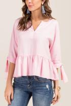 Francesca's Ella Tie Sleeve Peplum Blouse - Pink