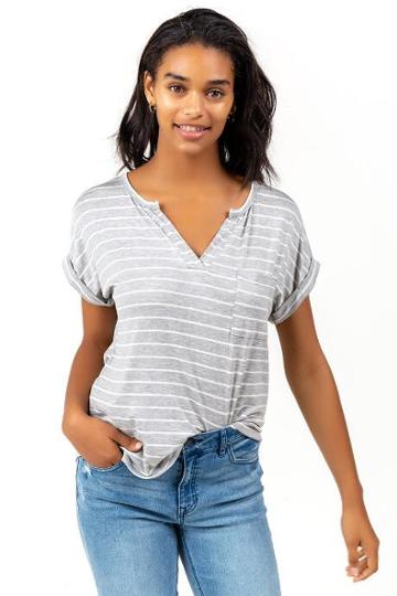 Francesca's Leann Stripped Pocket Tee - Heather Gray