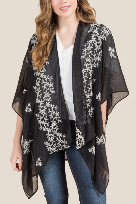 Francescas Meila Floral Embroidered Ruana - Black
