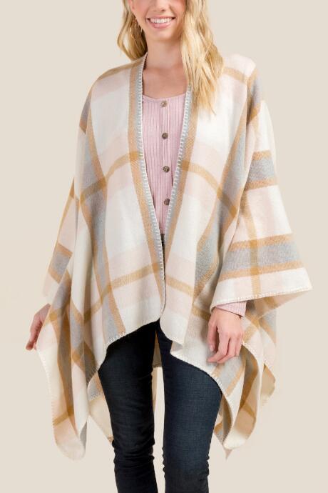 Francesca's Mckenna Plaid Whipstitch Ruana - Sand