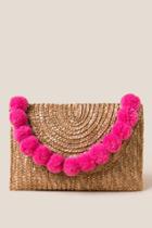 Francesca's Jackie Pink Pom Trim Straw Clutch - Pink