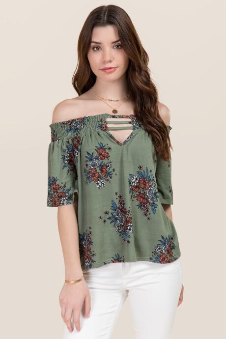 Blue Rain Reese Smocked Floral Off The Shoulder Knit Top - Dark Olive