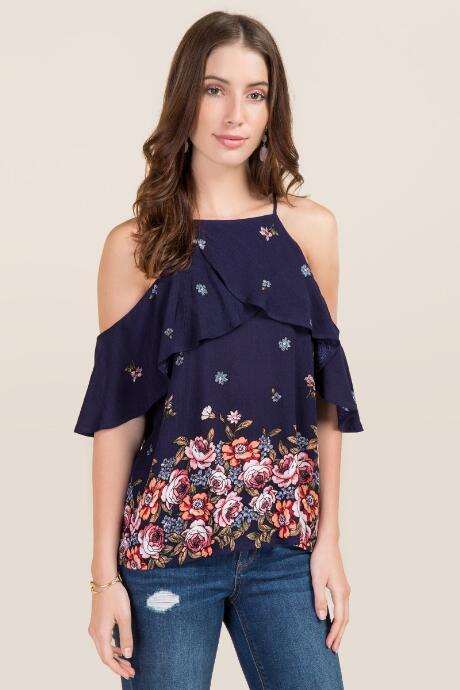 Blue Rain Shaelyn High Neck Ruffle Floral Cold Shoulder Top - Navy