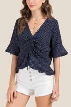 Blue Rain Aria Shirred Front Polka Dot Blouse - Navy
