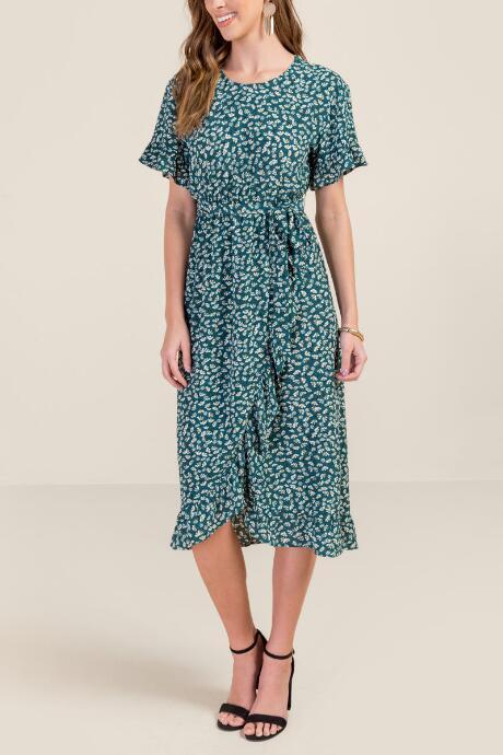 Francesca's Anna Floral Ruffle Trim Midi Dress - Forest