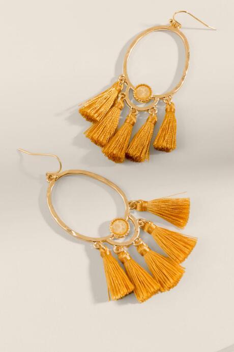 Francesca's Joanna Tasseled Oval Drop Earrings - Mustard