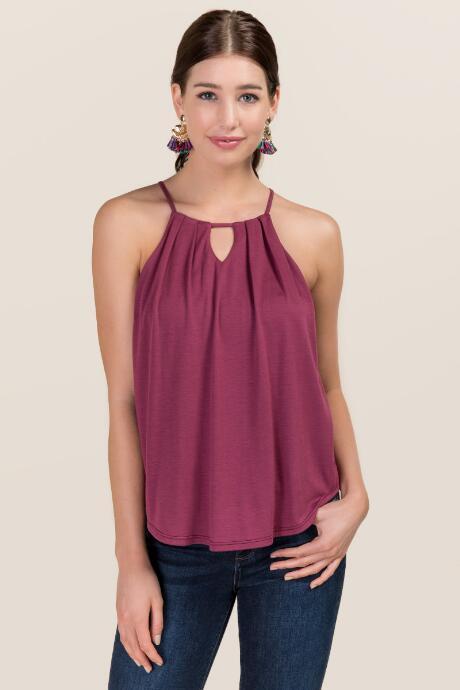 Alya Chenille High Neck Keyhole Cupro Tank - Wine