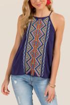 Francesca Inchess Gentry Geometric Embroidered Top - Navy