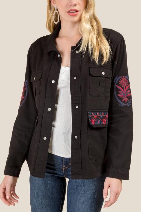 Francesca's Evan Embroidered Back Shirt Jacket - Black