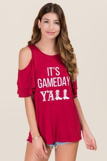 Sweet Claire Inc. It's Gameday Yall Double Ruffle Graphic Tee - Red