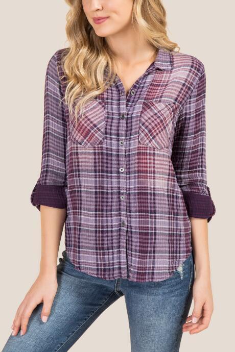 Francesca's Sierra Button Back Plaid Top - Navy