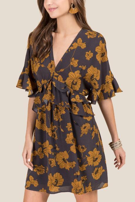 Francesca's Melissa Floral Ruffle Shift Dress - Gray