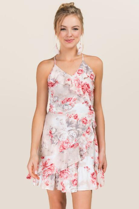 Francesca's Hailey Ruffle Floral Wrap Dress - Ivory