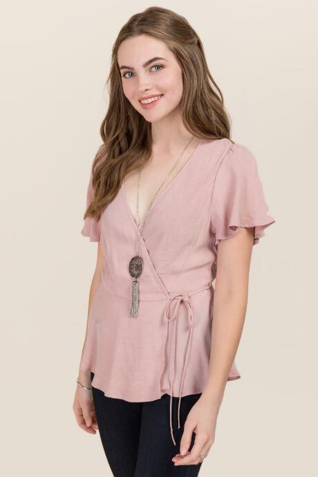 Blue Rain Kiana Flutter Sleeve Wrap Top - Blush