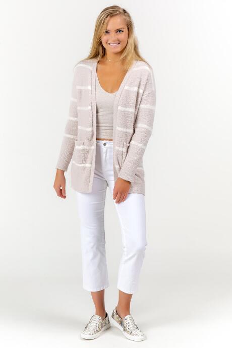 Francesca's Chris Stripe Open Cardigan - Taupe