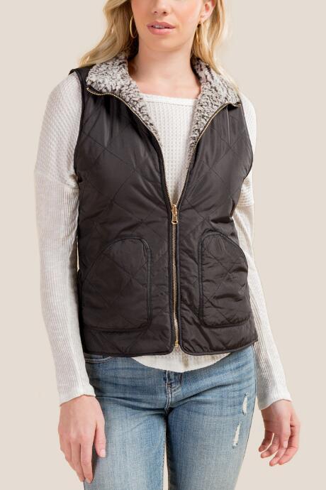 Francesca's Kylie Reversible Puffer Cozy Vest - Black