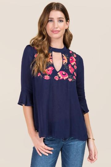 Gusb Inc Karie Ruffle Bell Sleeve Embroidered Gigi Blouse - Navy