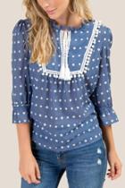 Francesca's Marie Embroidered Tassel Tie Blouse - Chambray