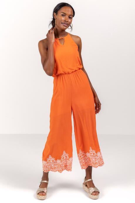 Francesca's Lorelai Embroidered Border Jumpsuit - Living Coral