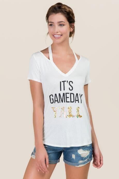 Sweet Claire It's Gameday Yall Cut Out Graphic Tee - White