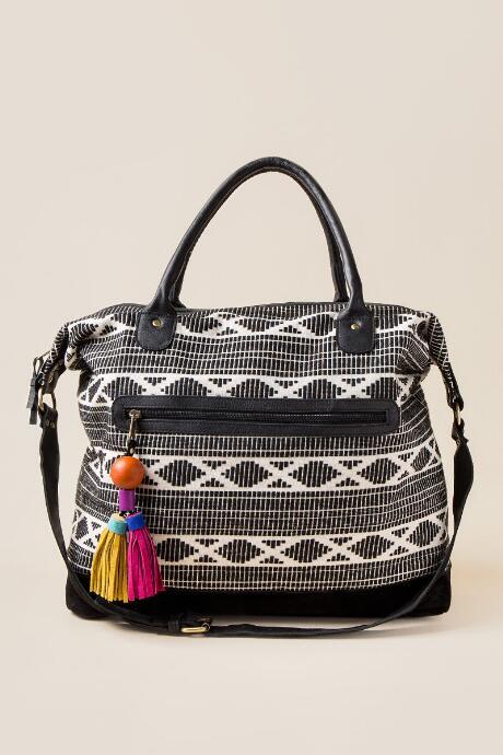 Francesca's Managua Tasseled Woven Weekender Bag - Black/white