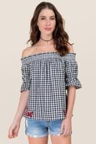 Blue Rain Adelina Embroidered Gingham Off The Shoulder Top - Black/white