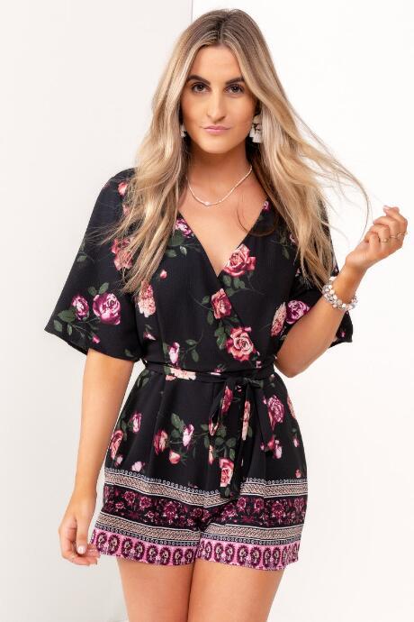 Francesca's Hattie Floral Surplice Romper - Black