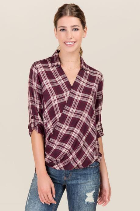 Jainsons/mc Kelsea Plaid Surplus Wrap Collar Top - Wine