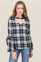 Jainsons International, Inc. Marissa Gigi Bell Sleeve Plaid Top - Navy