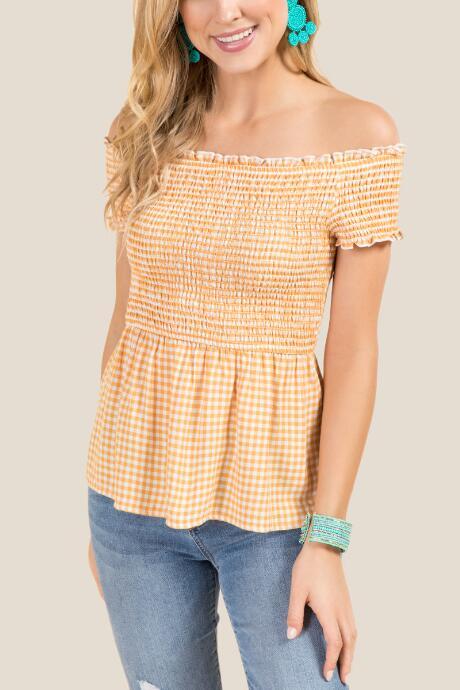 Francesca Inchess Finlay Off The Shoulder Peplum Gingham Top - Marigold